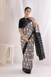 Pochampally Double Ikat Cotton Handloom Saree - Grey/Black
