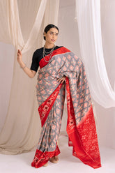 Pochampally Double Ikat Cotton Handloom Saree - Red/Grey