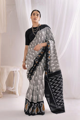 Pochampally Double Ikat Cotton Handloom Saree - Grey/Black
