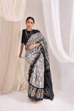 Pochampally Double Ikat Cotton Handloom Saree - Grey/Black