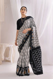 Pochampally Double Ikat Cotton Handloom Saree - Grey/Black