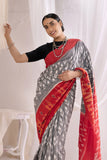 Pochampally Double Ikat Cotton Handloom Saree - Grey/Red