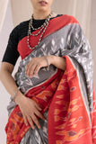 Pochampally Double Ikat Cotton Handloom Saree - Grey/Red