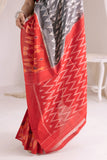 Pochampally Double Ikat Cotton Handloom Saree - Grey/Red