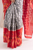 Pochampally Double Ikat Cotton Handloom Saree - Grey/Red