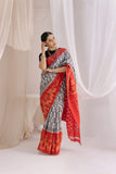 Pochampally Double Ikat Cotton Handloom Saree - Grey/Red