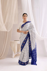 Pochampally Double Ikat Cotton Handloom Saree - Blue/White