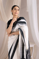 Pochampally Double Ikat Cotton Handloom Saree - Black/White
