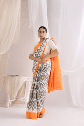 Pochampally Double Ikat Cotton Handloom Saree - Yellow/Grey