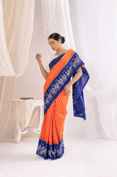 Pochampally Double Ikat Cotton Handloom Saree - Orange/Blue