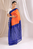 Pochampally Double Ikat Cotton Handloom Saree - Orange/Blue