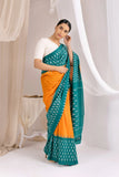 Pochampally Double Ikat Cotton Handloom Saree - Teal/Yellow