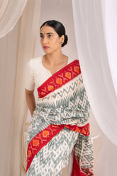 Pochampally Double Ikat Cotton Handloom Saree - Grey/Red