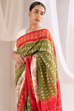 Pochampally Double Ikat Cotton Handloom Saree - Moss Green/Red