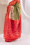 Pochampally Double Ikat Cotton Handloom Saree - Moss Green/Red