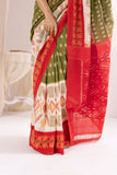 Pochampally Double Ikat Cotton Handloom Saree - Moss Green/Red