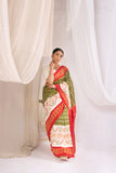 Pochampally Double Ikat Cotton Handloom Saree - Moss Green/Red