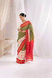 Pochampally Double Ikat Cotton Handloom Saree - Moss Green/Red