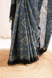 Pure Mul Cotton Ajrakh Hand Block Saree - Indigo