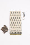 Ivory/Mehndi Pure Cotton Mul Hand Block Saree