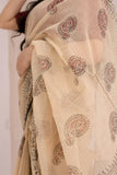 Cream - Kota Doria Bagru Hand Block Printed Saree