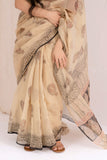 Cream - Kota Doria Bagru Hand Block Printed Saree