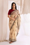 Cream - Kota Doria Bagru Hand Block Printed Saree