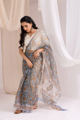 Sky Blue - Kota Doria Bagru Hand Block Printed Saree