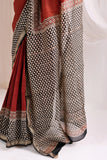 Maroon - Bagru Handblock Printed Maheshwari Silk Saree