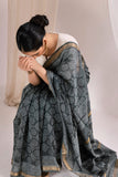 Grey - Bagru Handblock Printed Maheshwari Silk Saree