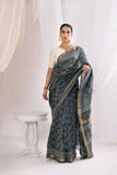 Grey - Bagru Handblock Printed Maheshwari Silk Saree