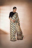 Beige/Blue Modal Silk Bagru Hand Block Printed Saree