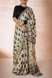 Beige/Blue Modal Silk Bagru Hand Block Printed Saree