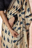 Beige/Blue Modal Silk Bagru Hand Block Printed Saree