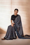 Indigo Modal Silk Ajrakh Hand Block Printed Saree