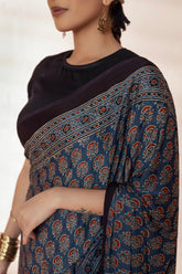 Indigo Modal Silk Ajrakh Hand Block Printed Saree