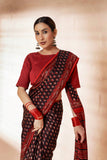 Maroon/Black Modal Silk Bagru Hand Block Printed Saree