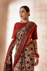 Beige/Blue Modal Silk Ajrakh Hand Block Printed Saree