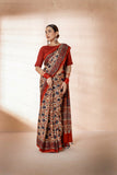 Beige/Blue Modal Silk Ajrakh Hand Block Printed Saree