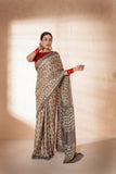 Beige/Grey Modal Silk Bagru Hand Block Printed Saree