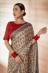 Beige/Grey Modal Silk Bagru Hand Block Printed Saree