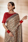 Beige/Grey Modal Silk Bagru Hand Block Printed Saree