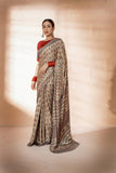 Beige/Grey Modal Silk Bagru Hand Block Printed Saree
