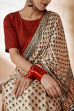 Beige/Maroon Modal Silk Bagru Hand Block Printed Saree