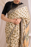 Beige Modal Silk Bagru Hand Block Printed Saree