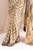 Beige Modal Silk Bagru Hand Block Printed Saree