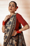 Beige/Blue Modal Silk Ajrakh Hand Block Printed Saree with Lagdi Patta