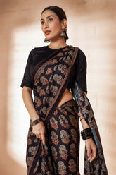 Black Modal Silk Ajrakh Hand Block Printed Saree