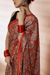 Red Modal Silk Ajrakh Hand Block Printed Saree