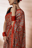 Red Modal Silk Ajrakh Hand Block Printed Saree